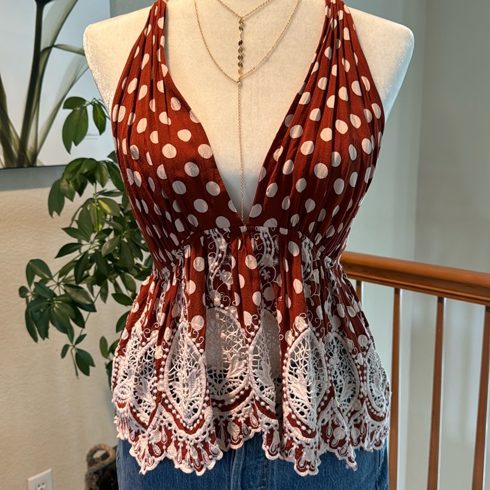Free People rust brown polkadot embroidered halter top